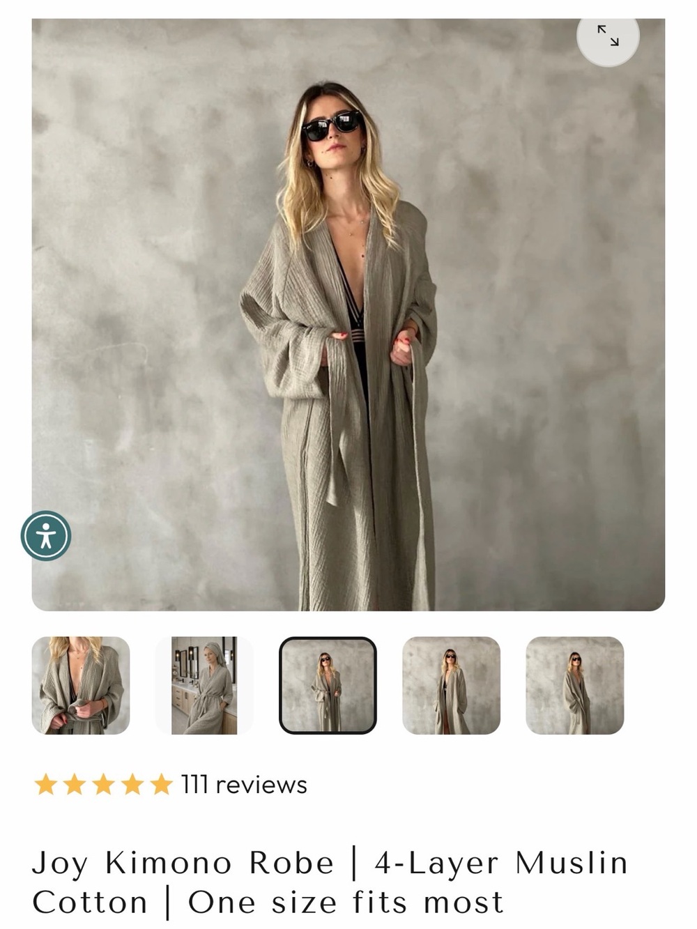 The Loomia Joy Kimono Robe in Sage Gray - Lightweight 4-Layer Muslin Cotton
